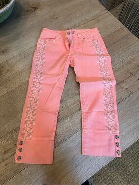 Sundance Coral Pink Cropped Jeans with Floral Embroidery